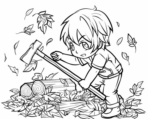 coloring page of a boy chopping firewood