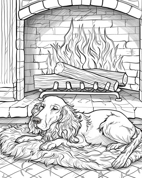 coloring page of a dog by the fireplace