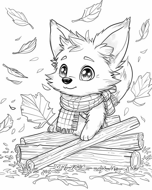 coloring page of a fox wearing a scarf