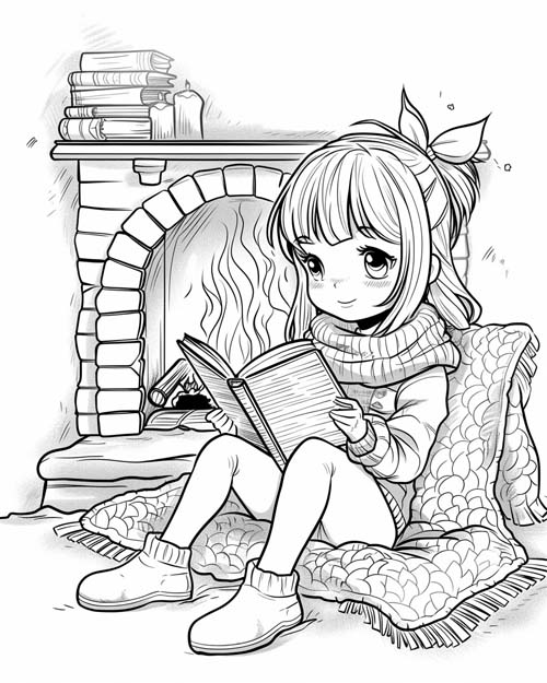 coloring page of a girl reading