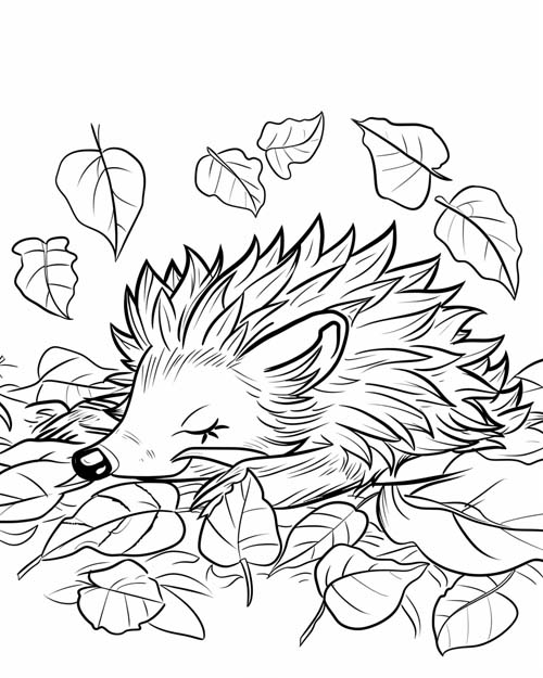 coloring page of a hedgehog nesting