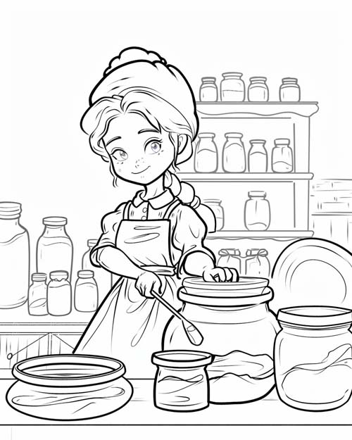 coloring page of a woman making jam