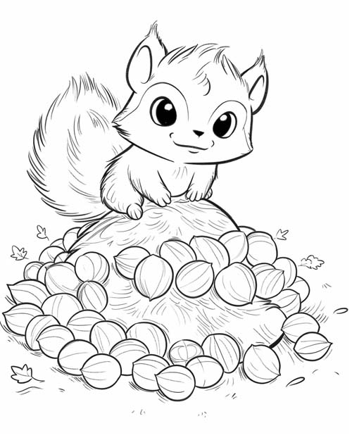 coloring page of a chipmunk and a stash of nuts