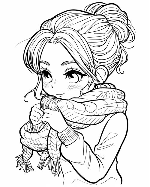 coloring page of a woman wearing a scarf