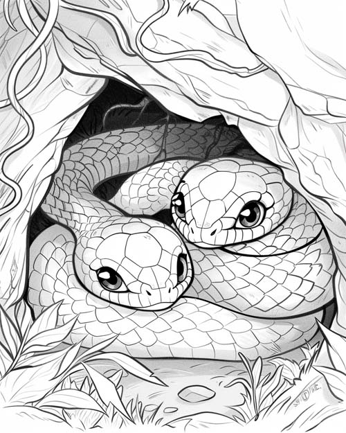 coloring page of snakes in a den