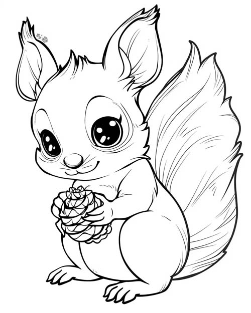 coloring page of a squirrel and a pinecone