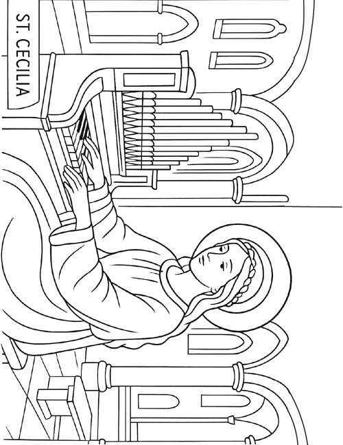 coloring page of St. Cecilia playing the organ