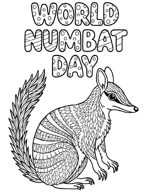 detailed word art coloring page for World Numbat Day