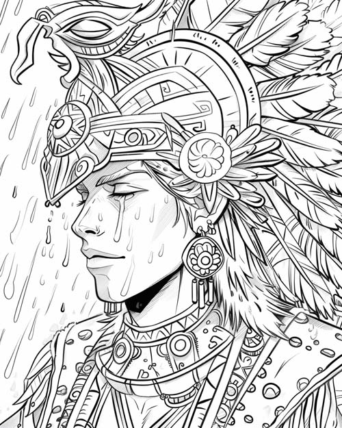young Tlaloc coloring page standing in the rain