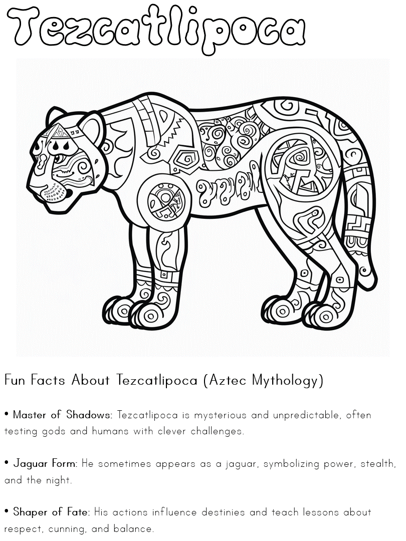 Printable informational worksheet of Tezcatlipoca