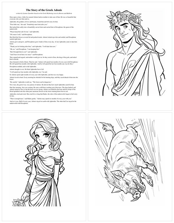 pdf package with Greek mythology story and coloring pages for the story of Adonis