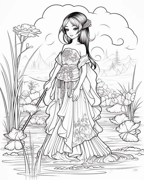 Japanese mythology coloring page of Kawa Hime