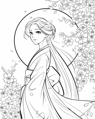 Yurei and sakura blossoms coloring page