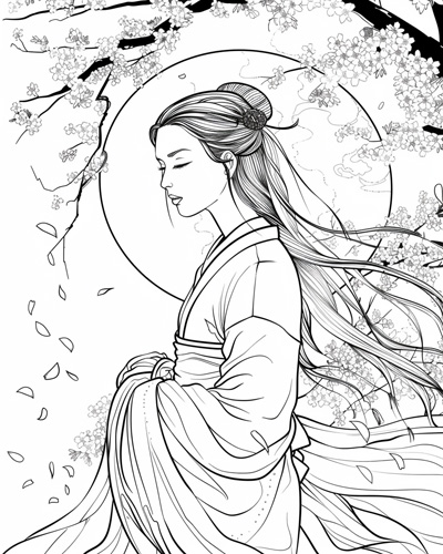 Yurei and cherry blossoms coloring page