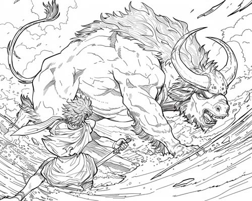 coloring page of Gilgamesh fighting the Bull of Heaven