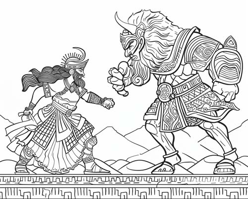 coloring page of Gilgamesh and Enkidu fighting Humbaba