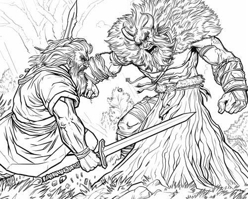 coloring page of Gilgamesh and Enkidu fighting Humbaba