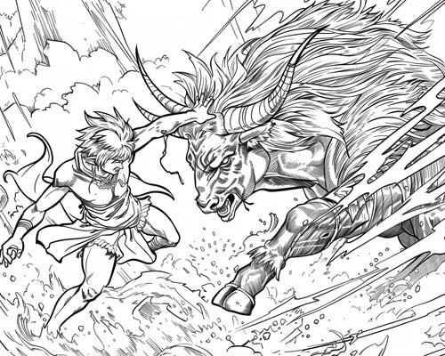 coloring page of Enkidu fighting the Bull of Heaven