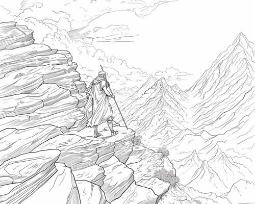 coloring page of Gilgamesh walking through the mountains