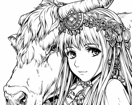 coloring page of the goddess Ishtar and the Bull of Heaven