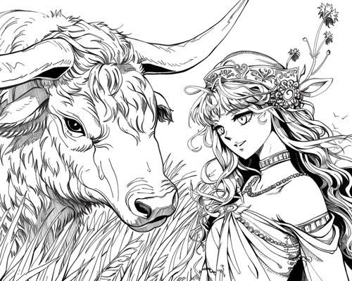 coloring page of the goddess Ishtar and the Bull of Heaven