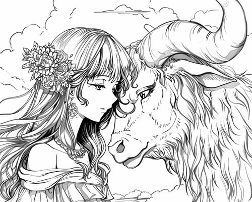 coloring page of the goddess Ishtar and the Bull of Heaven