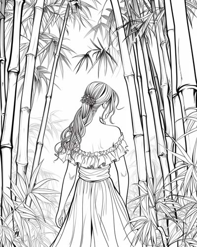 coloring page of a beautiful girl walking through a bamboo forest