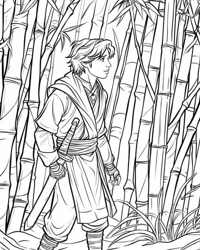 coloring page of a hero walking through a bamboo forest