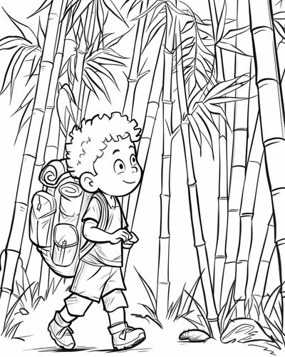 coloring page of a young explorer walking through a bamboo forest