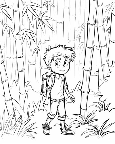 coloring page of a boy explorer walking through a bamboo forest