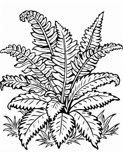 coloring page of a fern in the forest
