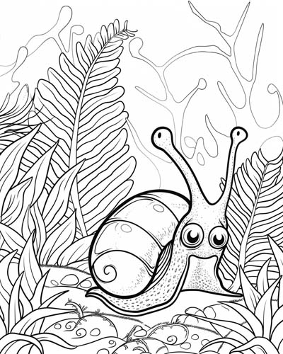 coloring page of ferns and a slug