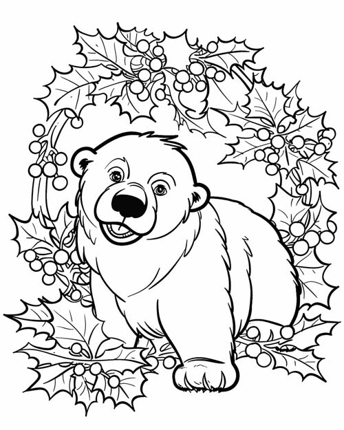 Christmas coloring page of holly and a polar bear