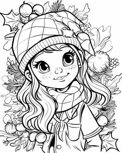 coloring page of a girl dressed for winter surrounded by holly