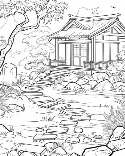 coloring page of a zen garden path
