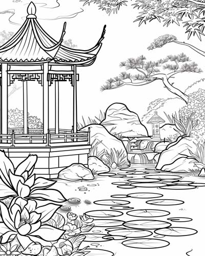coloring page of a zen garden