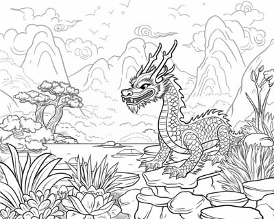 coloring page of a dragon in a zen garden