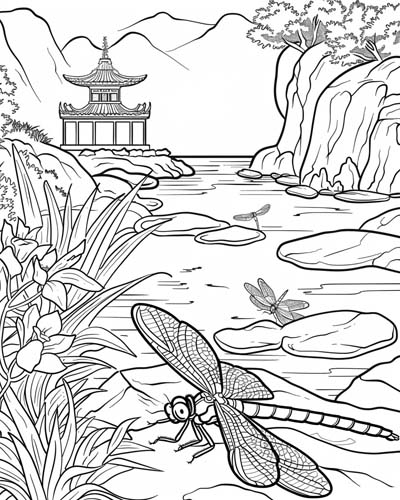 coloring page of a dragonfly in a zen garden