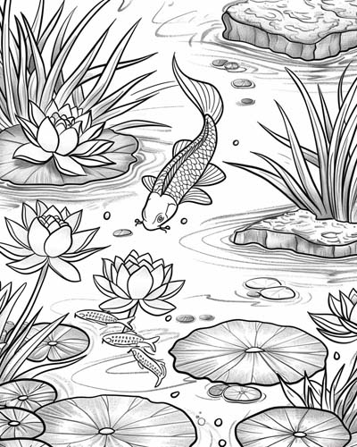 koi and waterlilies adult coloring page