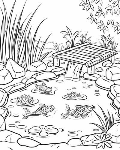 coloring page of koi in a zen garden