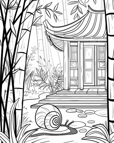coloring page of a snail in a zen garden