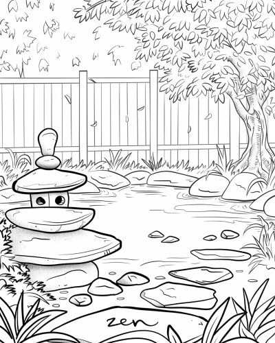 coloring page of a zen garden