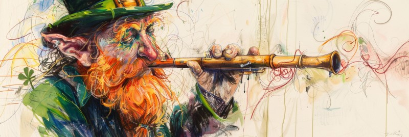 artwork of a leprechaun playing an Irish tin whistle