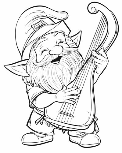 coloring page of a leprechaun playing a hand harp