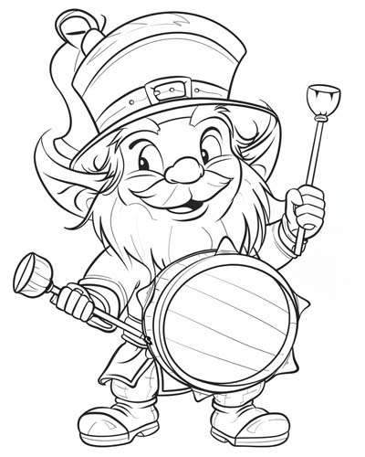 coloring page of a leprechaun playing a drum