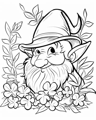 coloring page of a leprechaun peeking from a patch of shamrocks