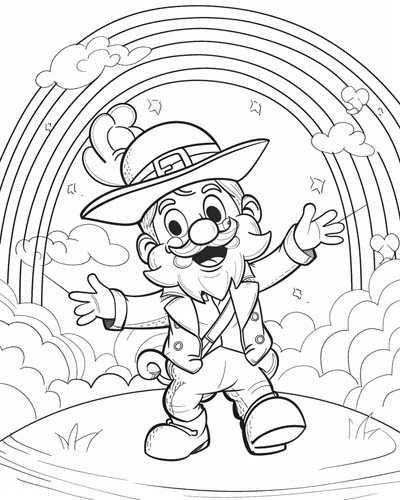 coloring page of a leprechaun and a rainbow