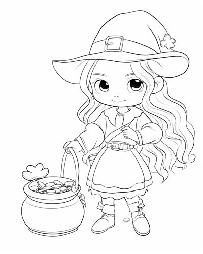 coloring page of a leprechaun girl