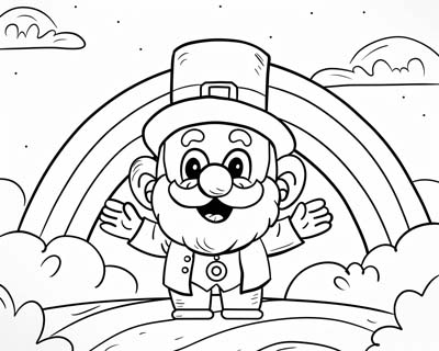 coloring page of a leprechaun and a rainbow