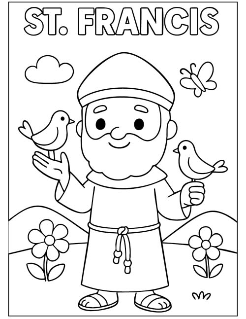 labeled preschool coloring page of St Francis, the patron saint of animals